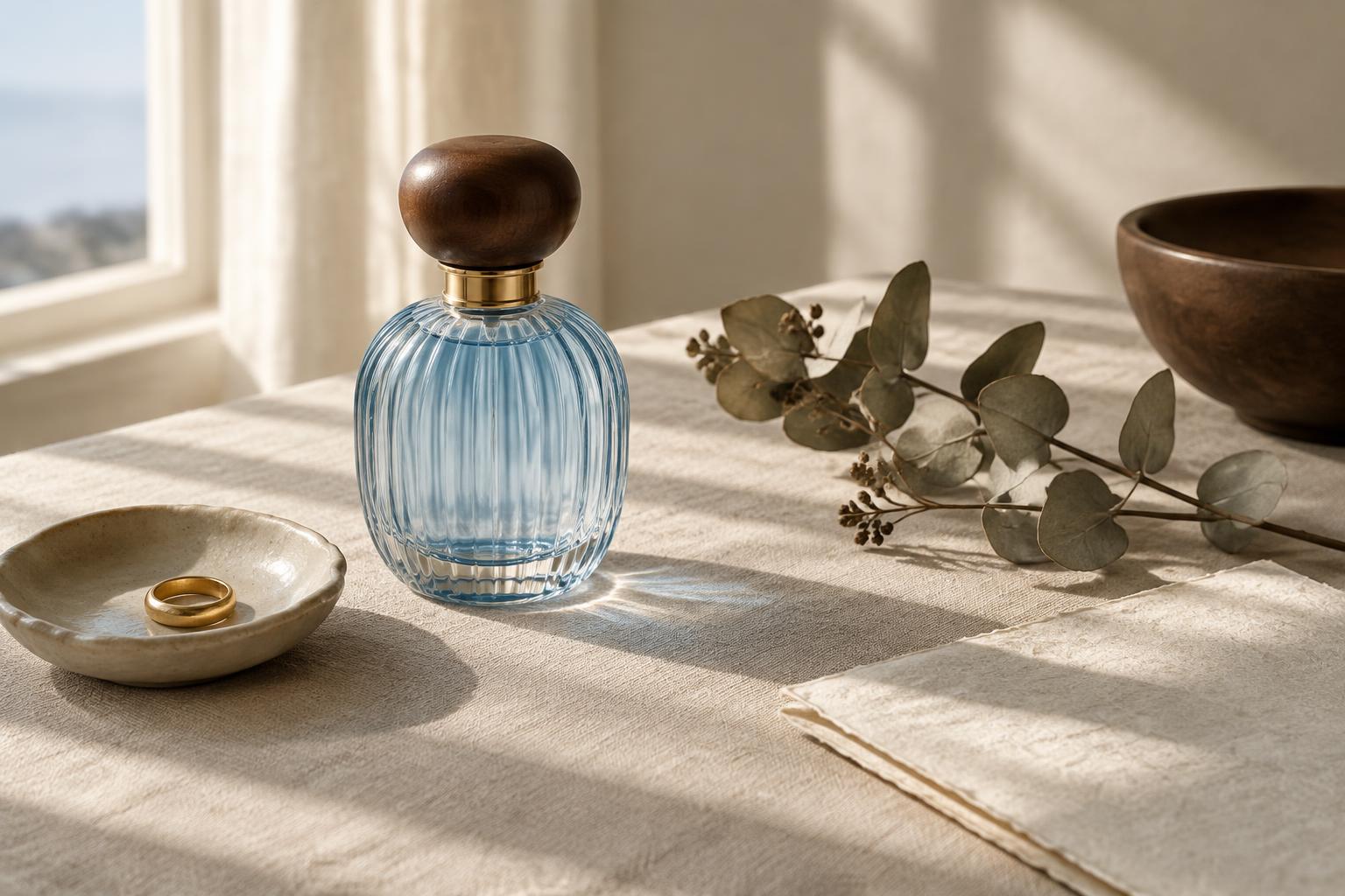 Blue fragrance bottle, gold ring and eucalyptus on cream linen in morning light